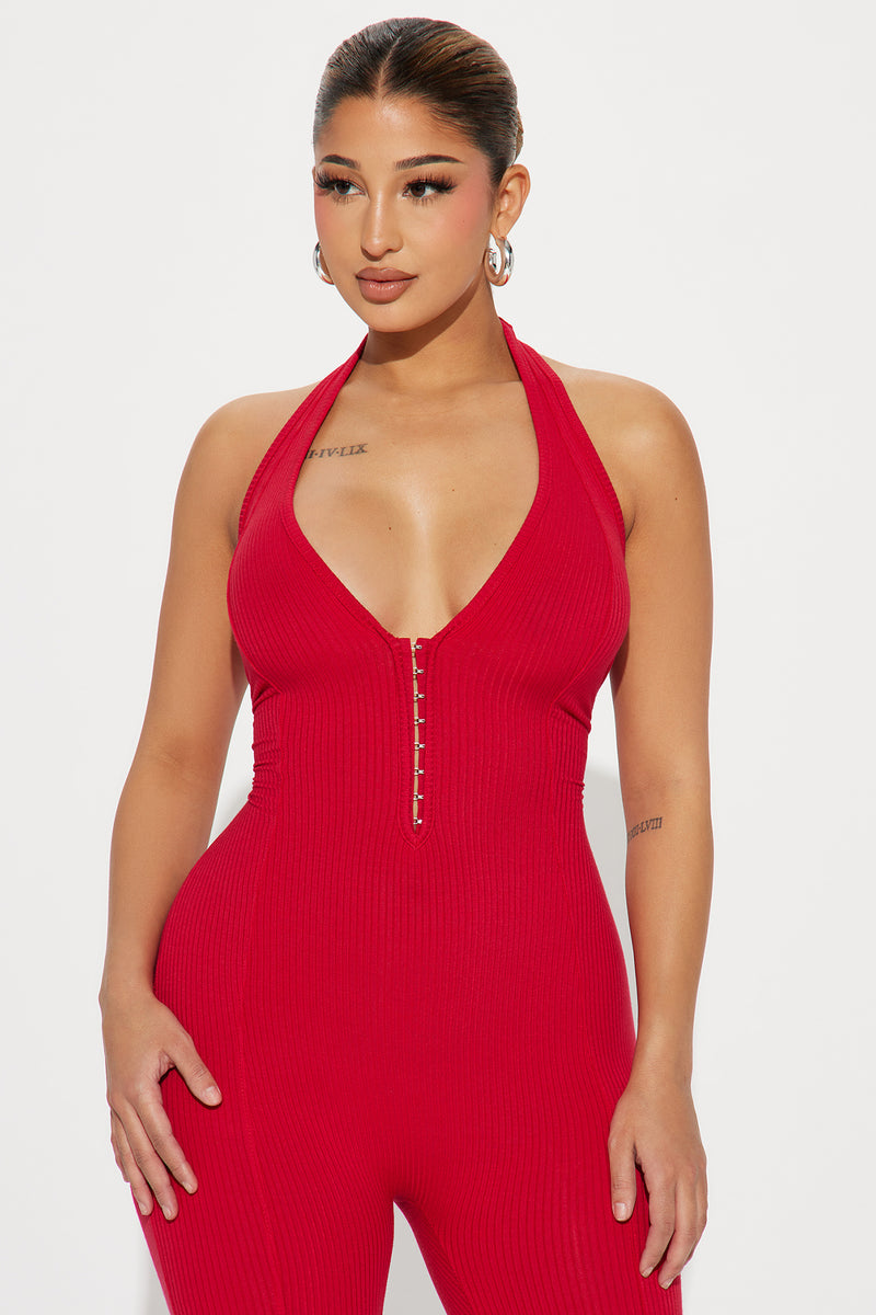 Red zip up jumpsuit on sale