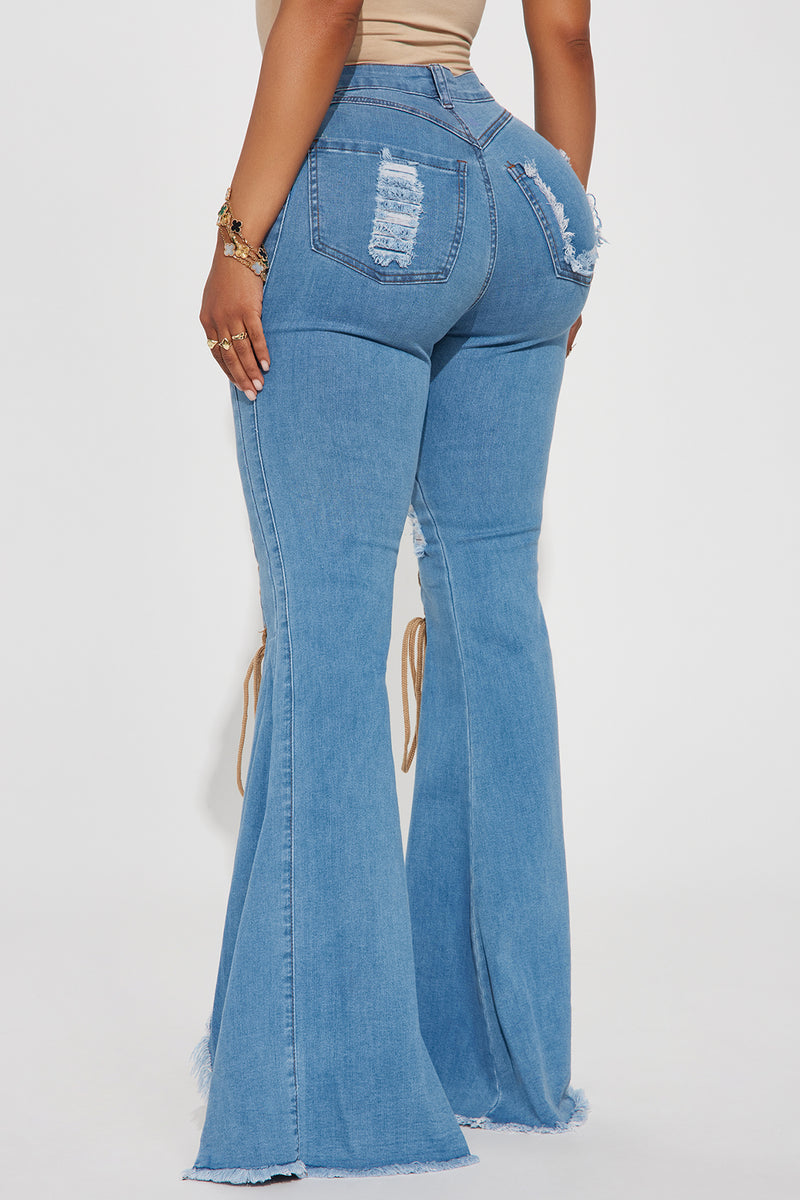 New Developments Lace Up Flare Jeans Medium Wash