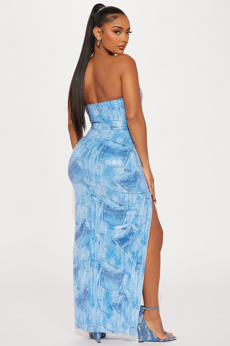 A Denim Affair Sequin Maxi Dress