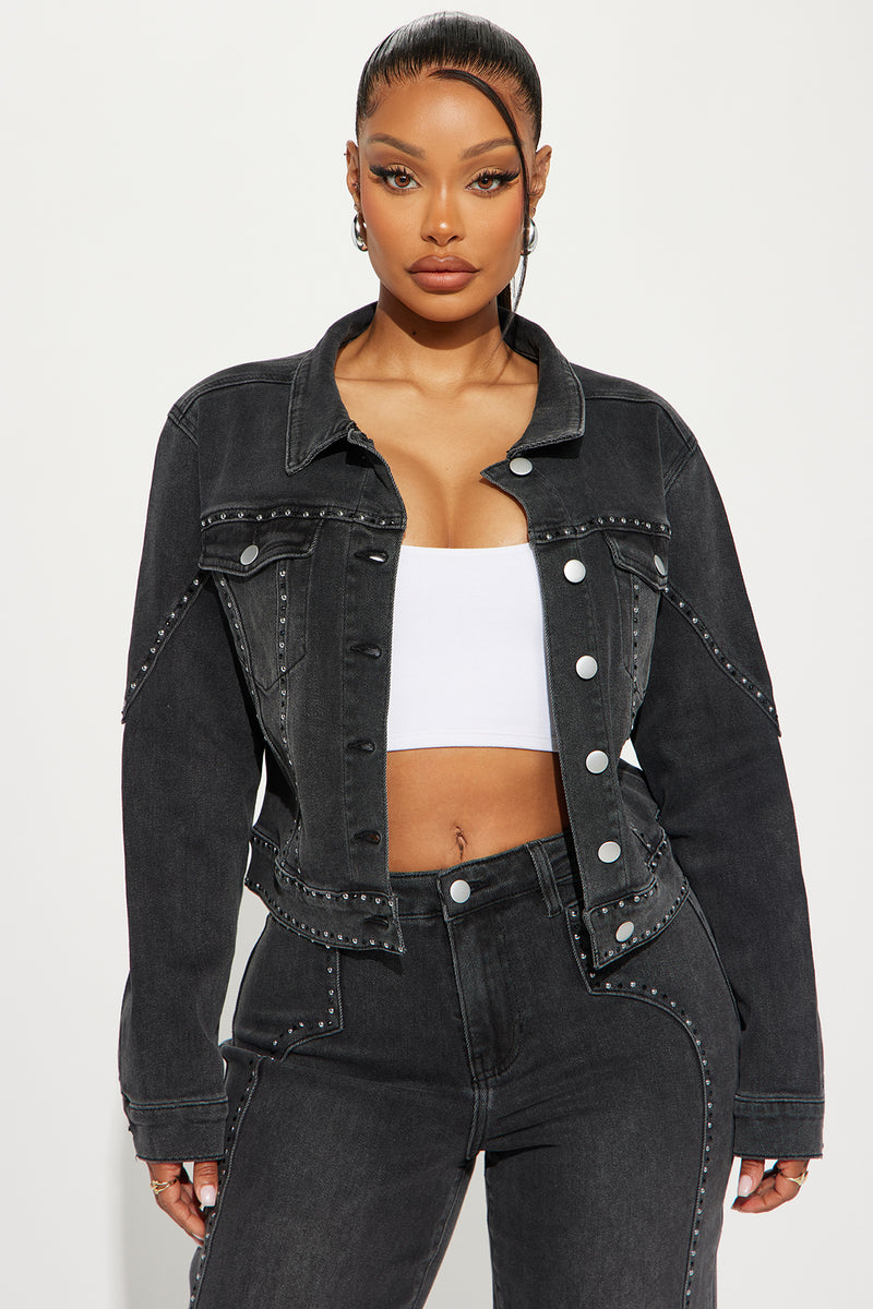 Striking Conversation Embellished Denim Jacket Black Wash Fashion