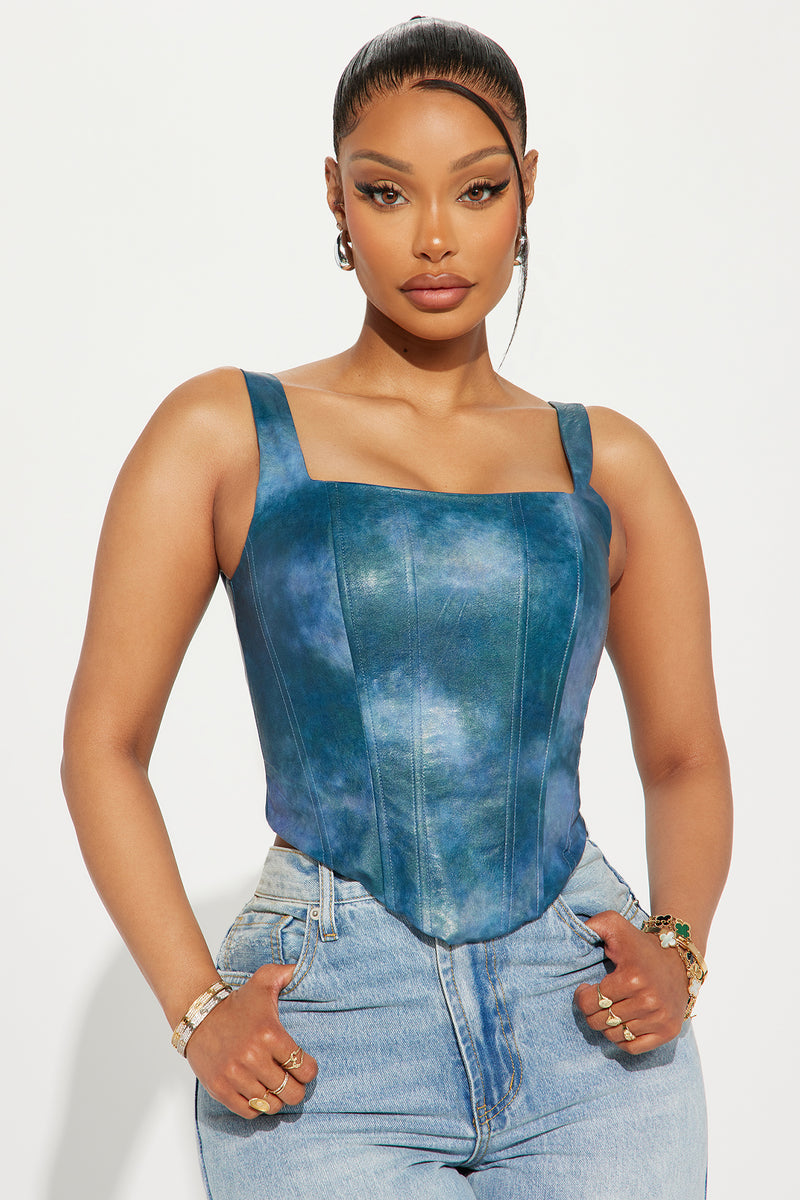 Kenni Washed Faux Leather Corset Top - Blue Wash
