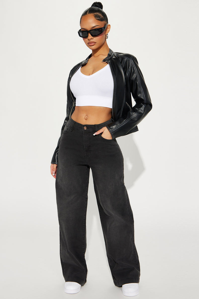 In The Swing Of It Elastic Waistband Wide Leg Jeans Black Fashion