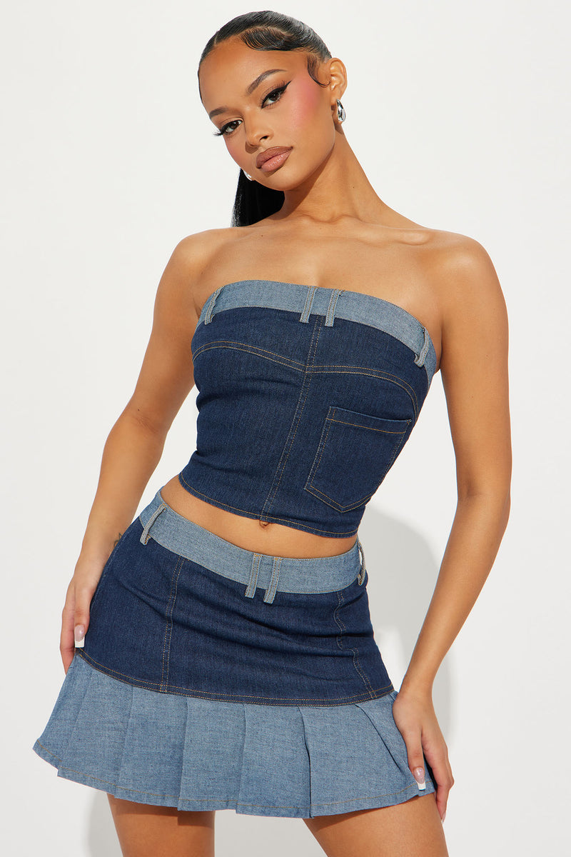 Your Biggest Fan Denim Pleated Skirt Set Dark Wash Fashion