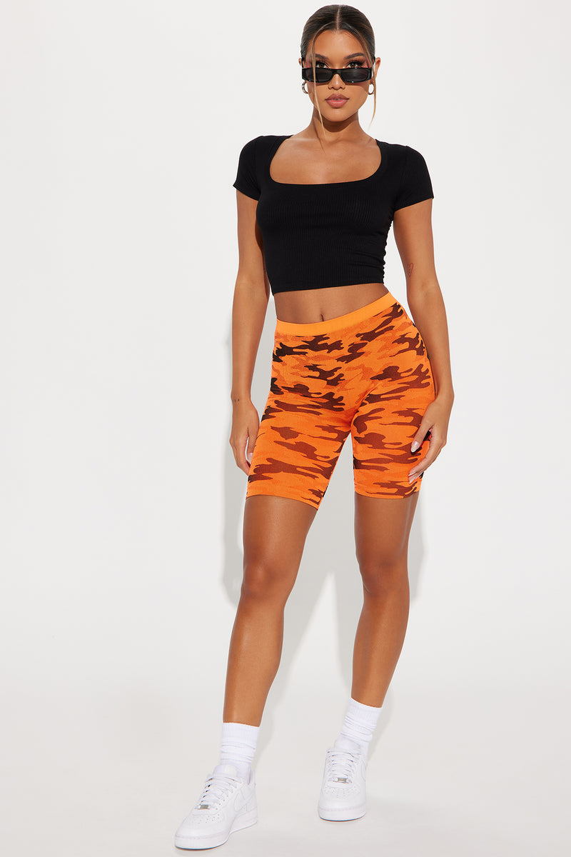 Turning Up Camo Biker Short Neon Orange Fashion Nova Shorts