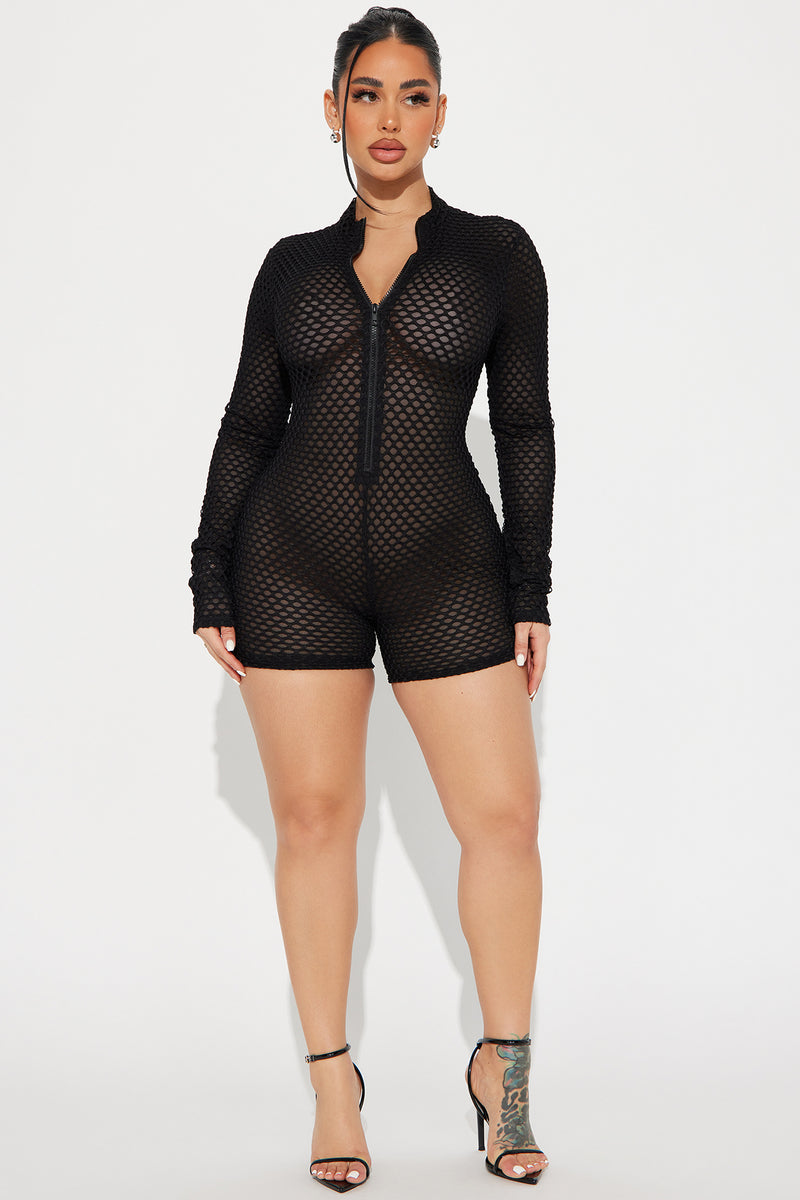 Kayla Off Shoulder Fishnet Romper Fits XS-M