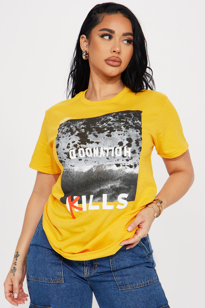 Mustard yellow graphic tee sales