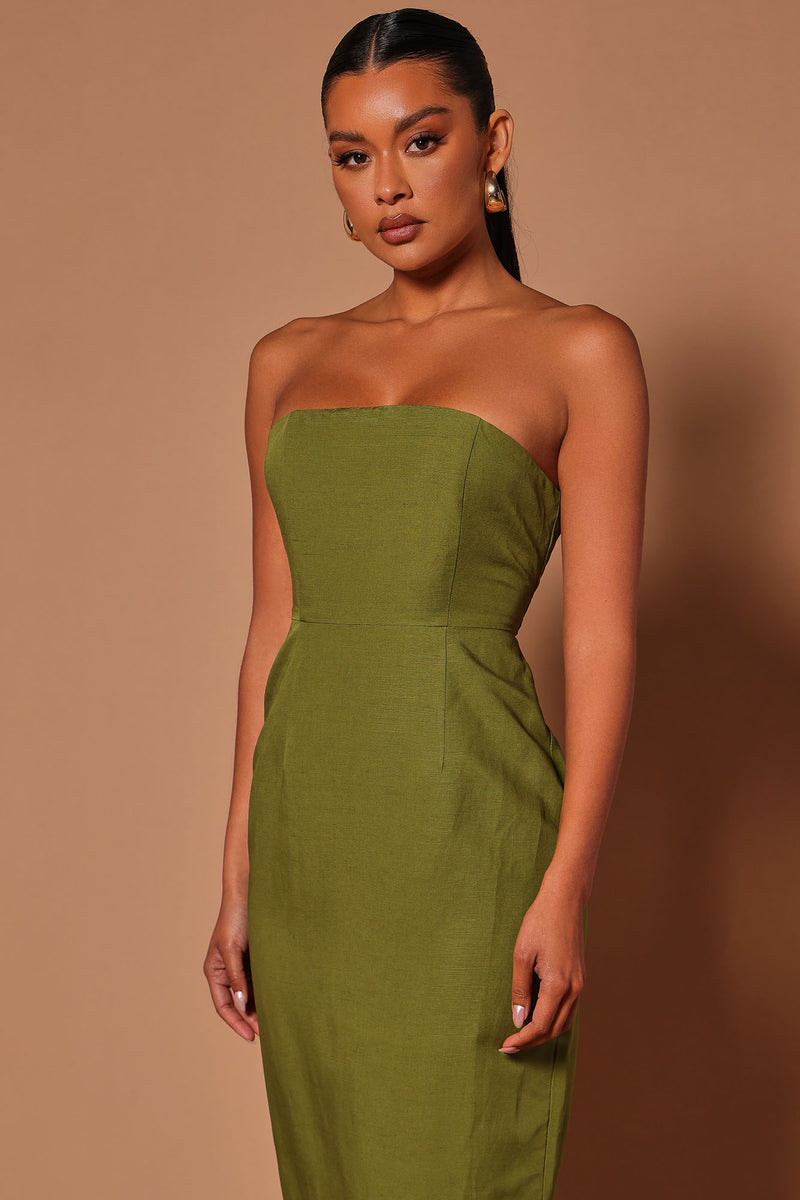 Olive green strapless dress 2025