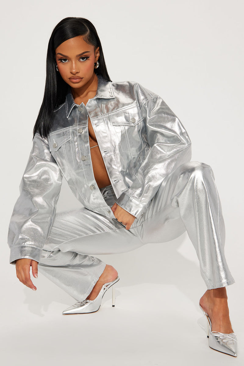 Women's Taking Off Metallic Puffer Jacket in Silver Size Xs by Fashion Nova