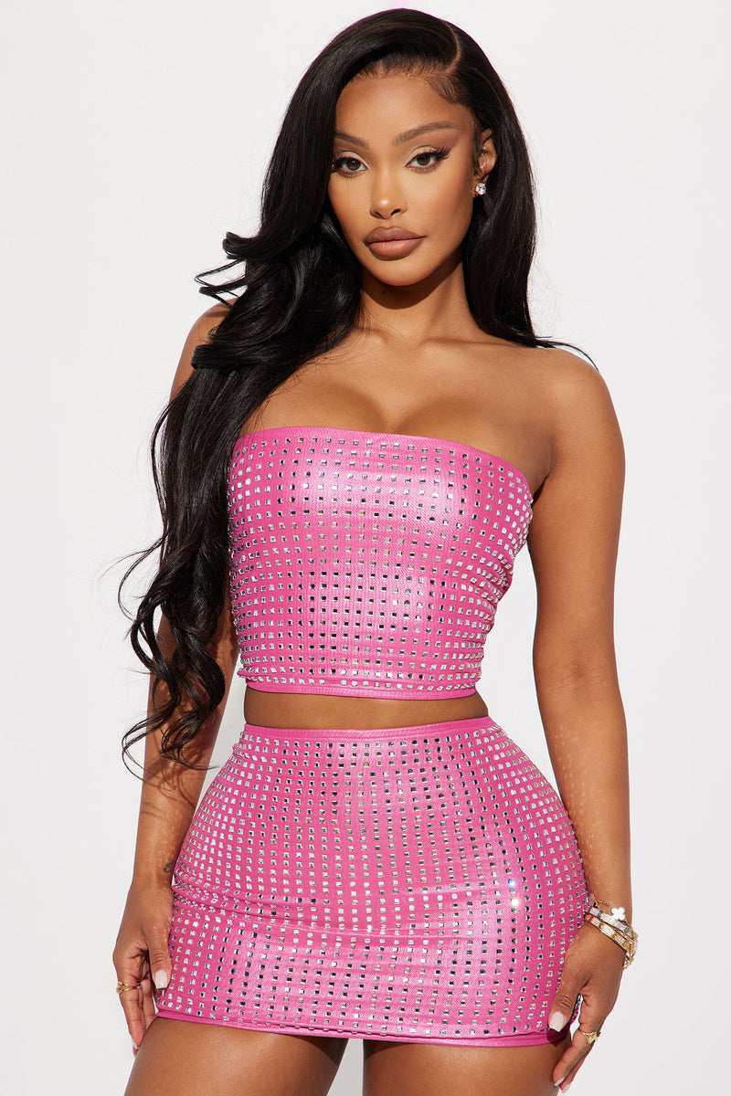 Feeling Rich Again Rhinestone Skirt Set Pink Fashion Nova