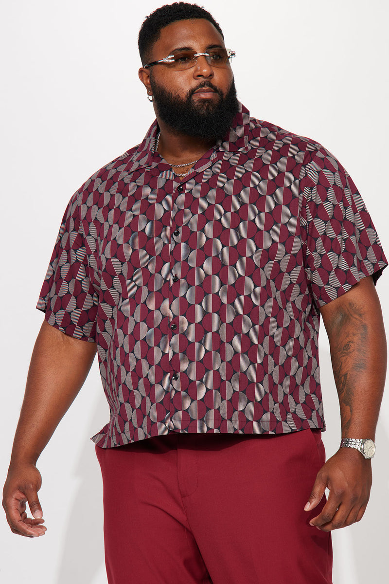 Geometric Waves Short Sleeve Button Up Burgundy Fashion Nova