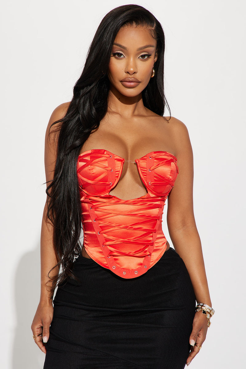 Red satin cheap bustier top