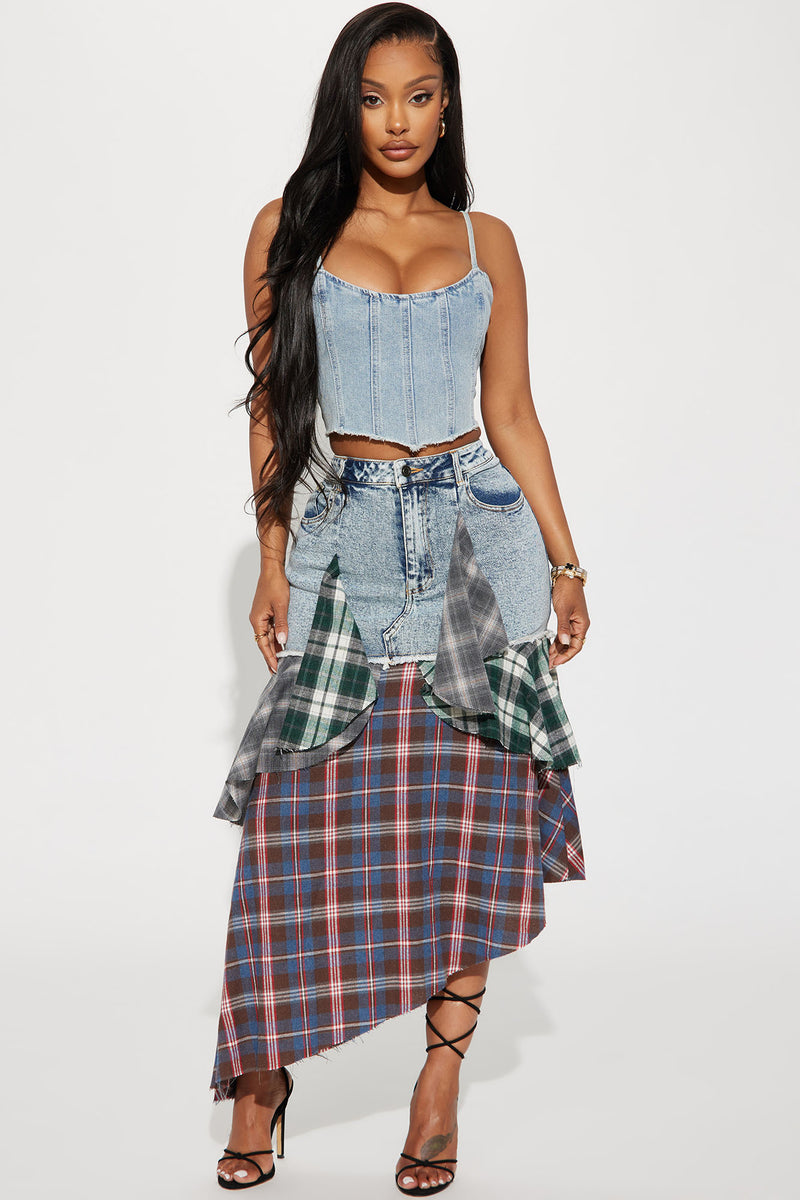 Denim plaid maxi on sale skirt