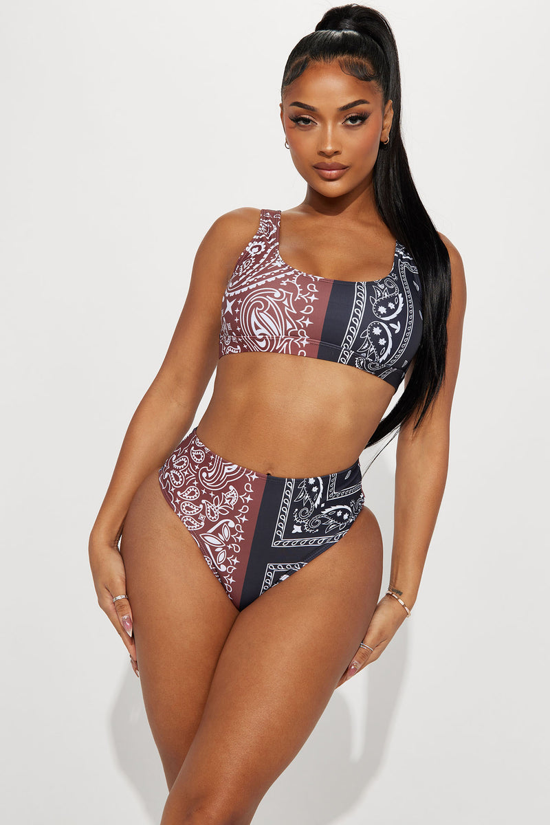 Paisley Split High Waist 2 Piece Bikini Black Brown