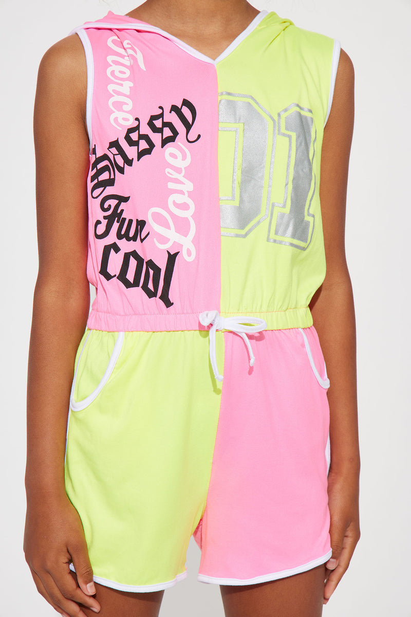 Mini Colorblock Hooded Yummy Knit Romper - Neon Pink/combo | Fashion ...