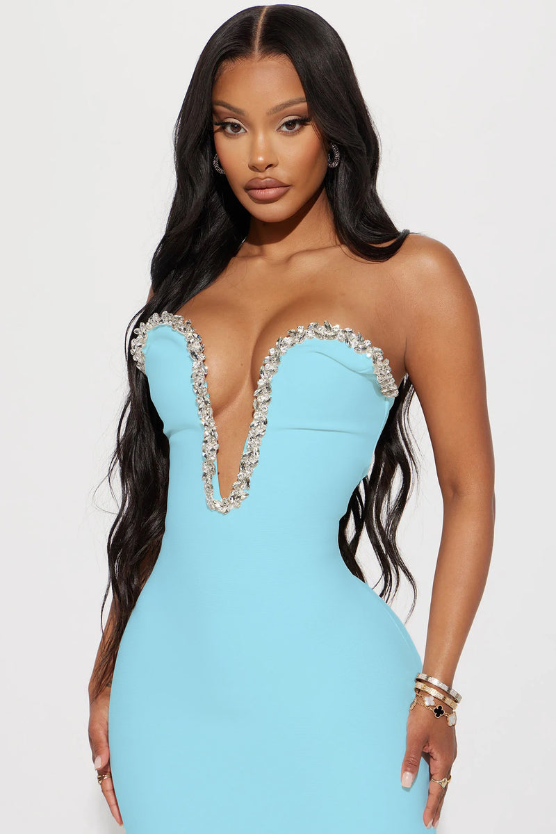 Blue and sales white bodycon dress