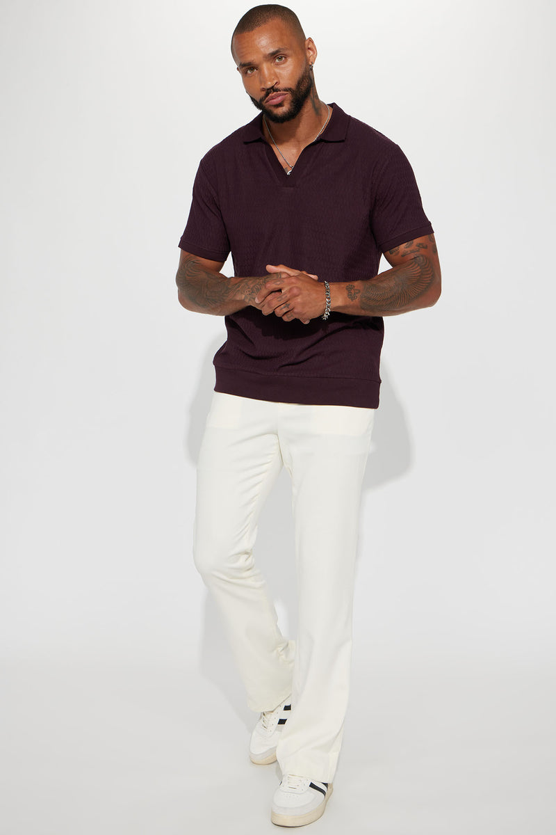 Burgundy and top white polo shirt