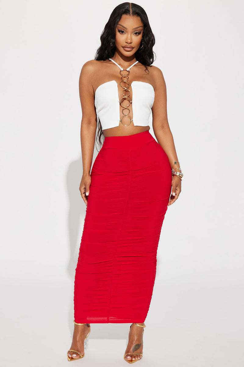 Make A Move Ruched Maxi Skirt Red Fashion Nova, Skirts Fashion Nova