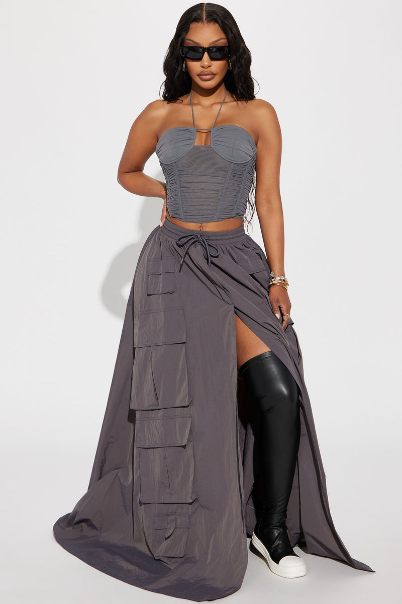 Statement Made Nylon Cargo Maxi Skirt Charcoal Fashion Nova