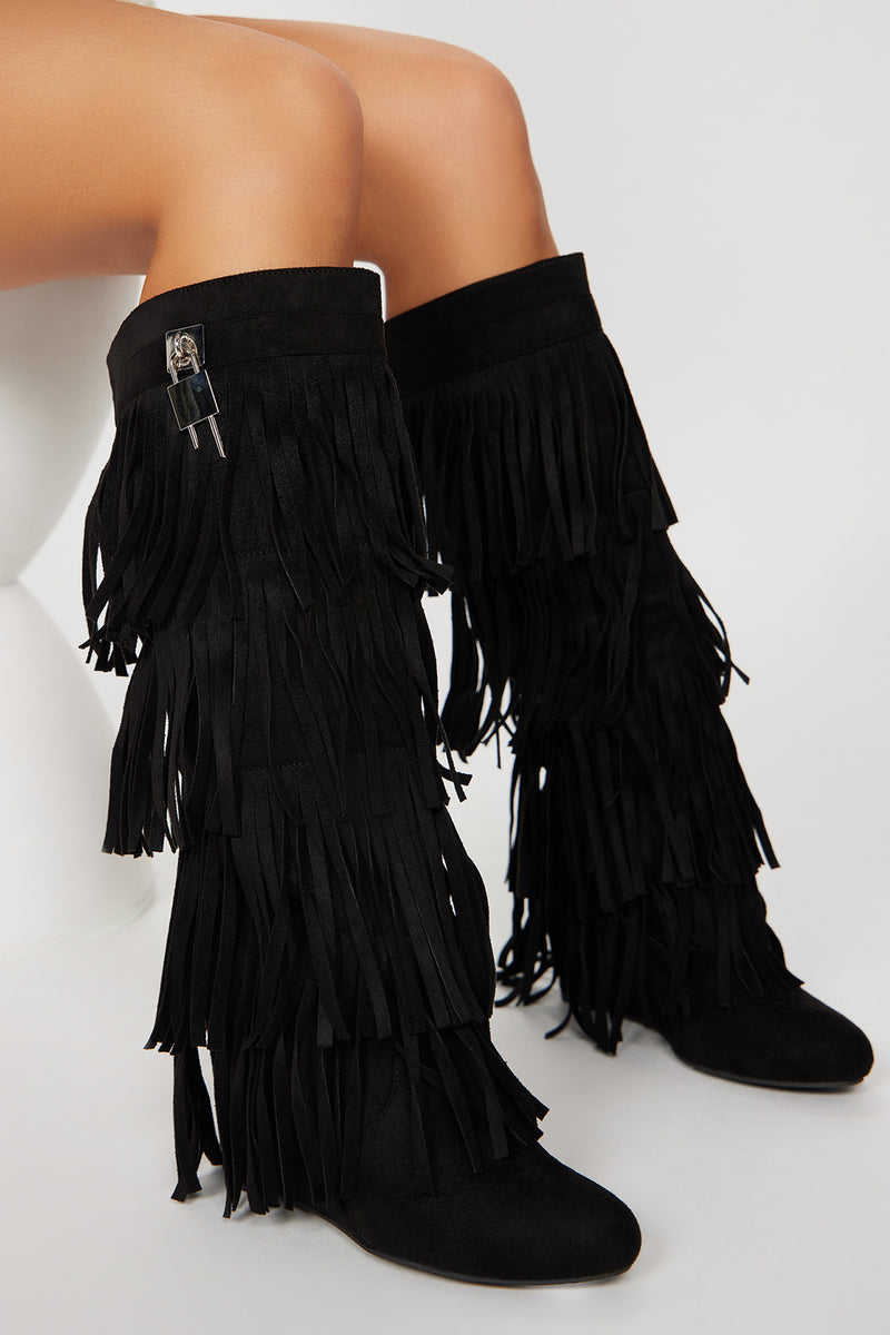 Knee high fringe boots on sale