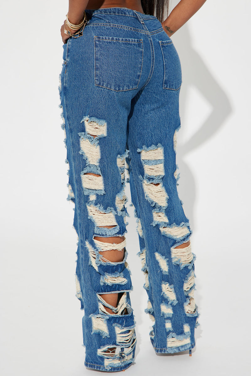 Dark wash distressed jeans discount