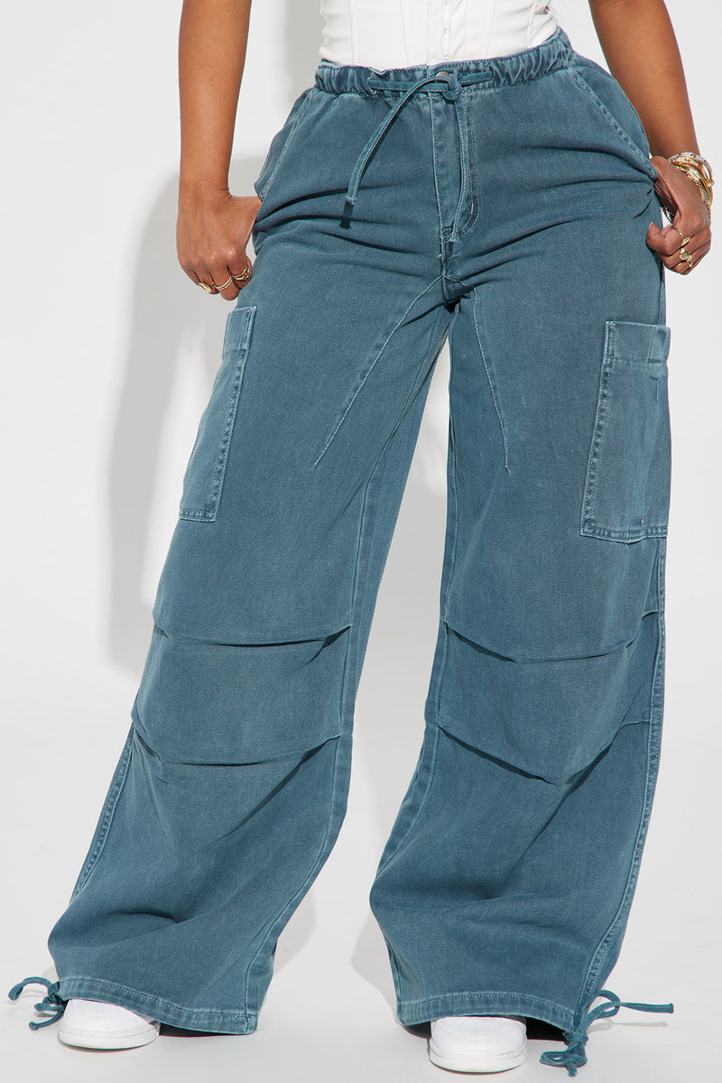 Don't Play Me Non Stretch Ankle Tie Cargo Jean Teal Fashion Nova