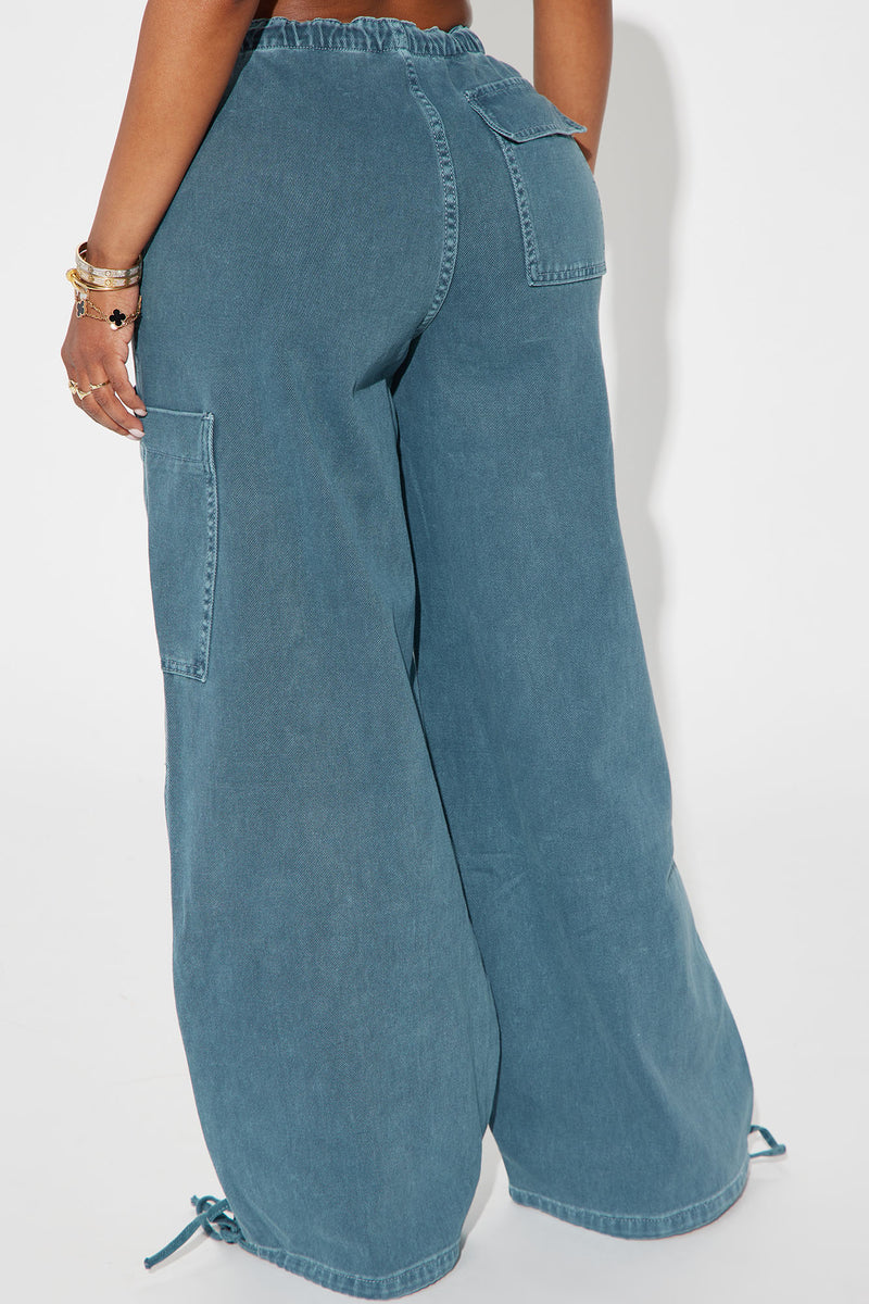 Don't Play Me Non Stretch Ankle Tie Cargo Jean Teal Fashion Nova