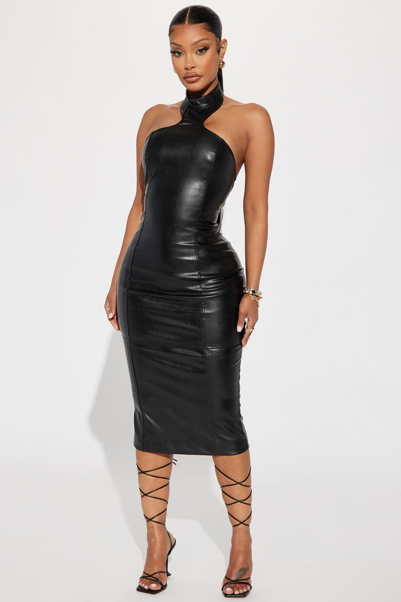 The Countermove Halter Faux Leather Midi Dress Black Fashion
