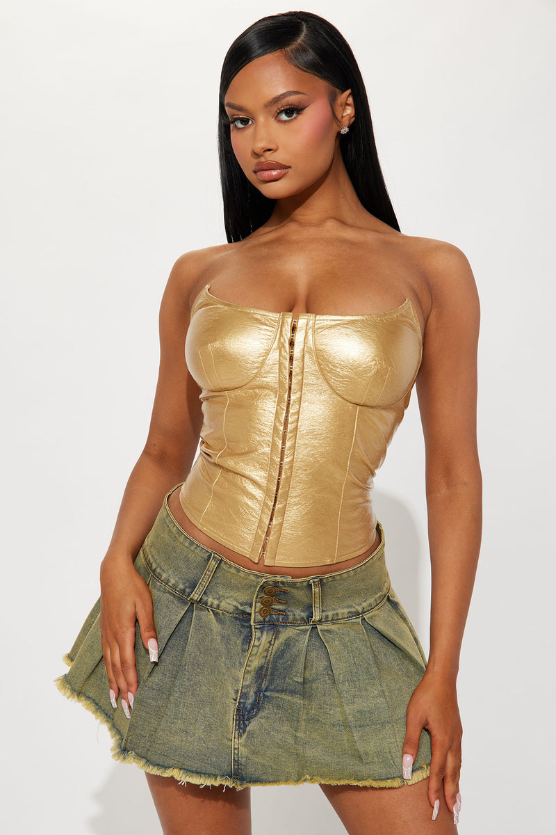 Never Too Extra Metallic Corset Top Gold Fashion Nova Shirts