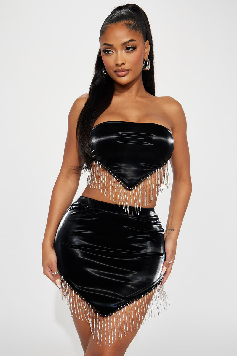 Black fringe skirt and top discount
