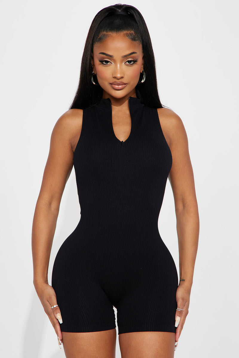 Zip up black romper sale