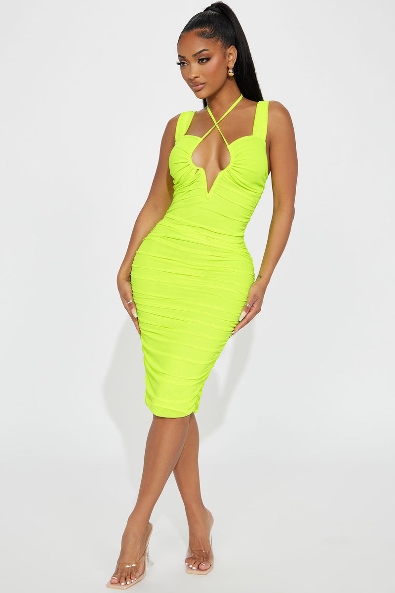 Electra Ruched Midi Dress Neon Yellow Fashion Nova Dresses