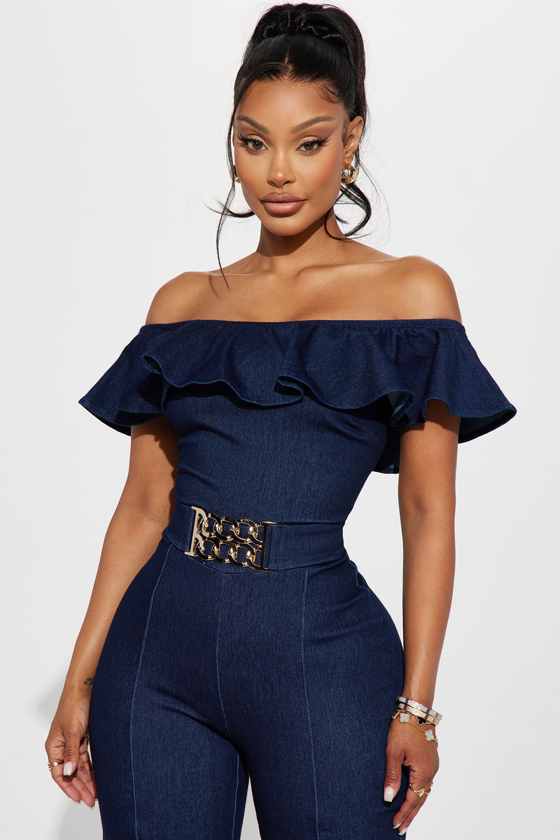 Off shoulder 2025 jean jumpsuit