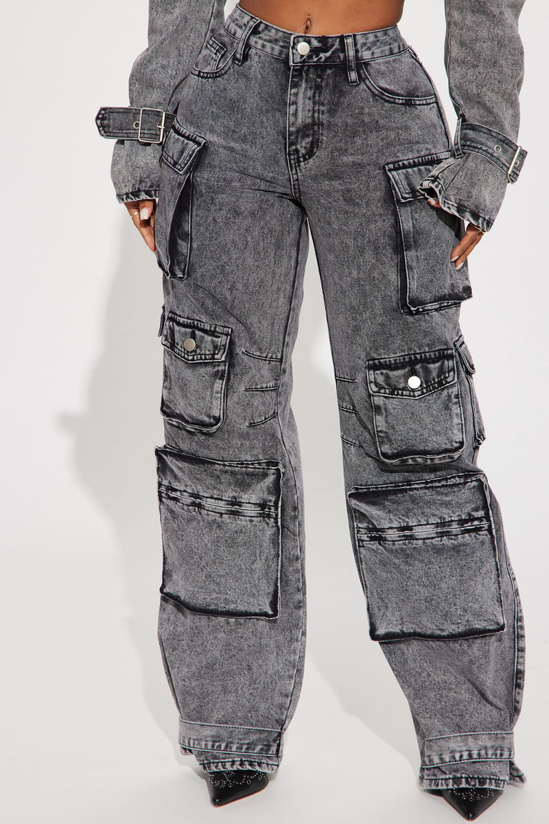 Billie Low Slung Cargo Jeans - Acid Wash Black, Fashion Nova, Jeans