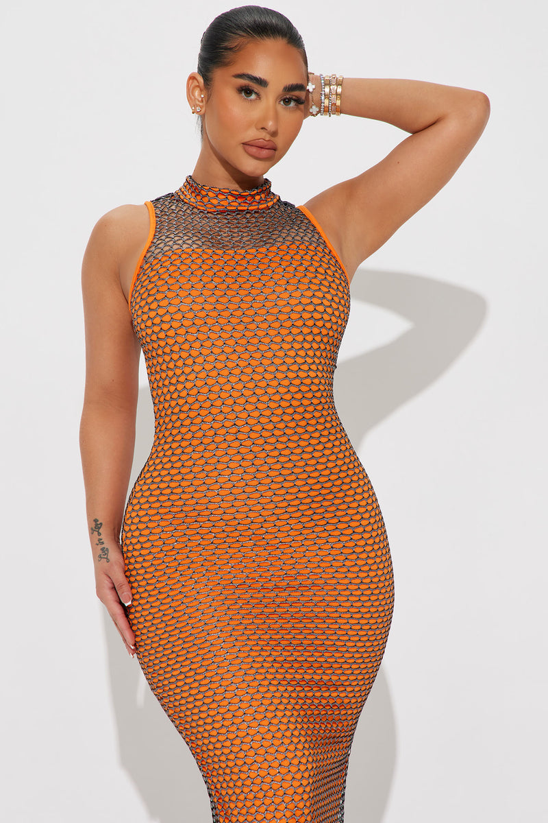 Kaylie Fishnet Maxi Dress Orange combo