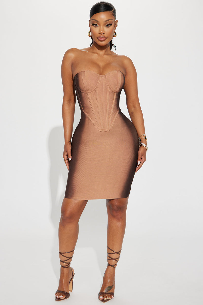 Fade Away Bandage Mini Dress Brown combo Fashion Nova Dresses