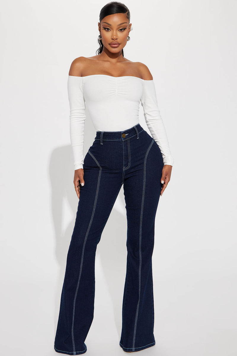 Dark wash high waisted flare jeans online
