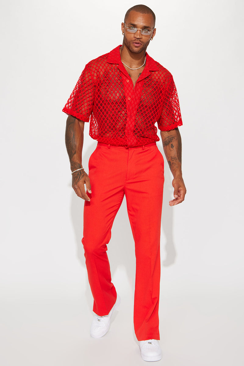 Red button clearance up shirt outfit