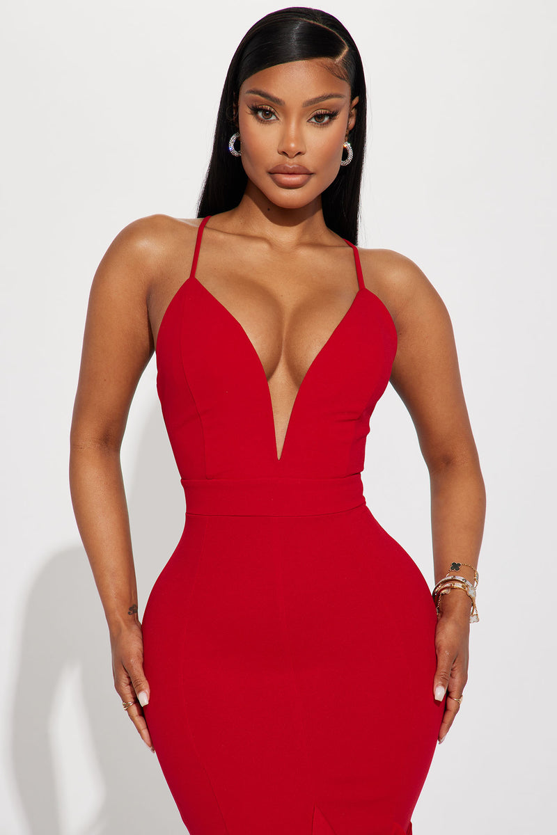 Red plunge gown top