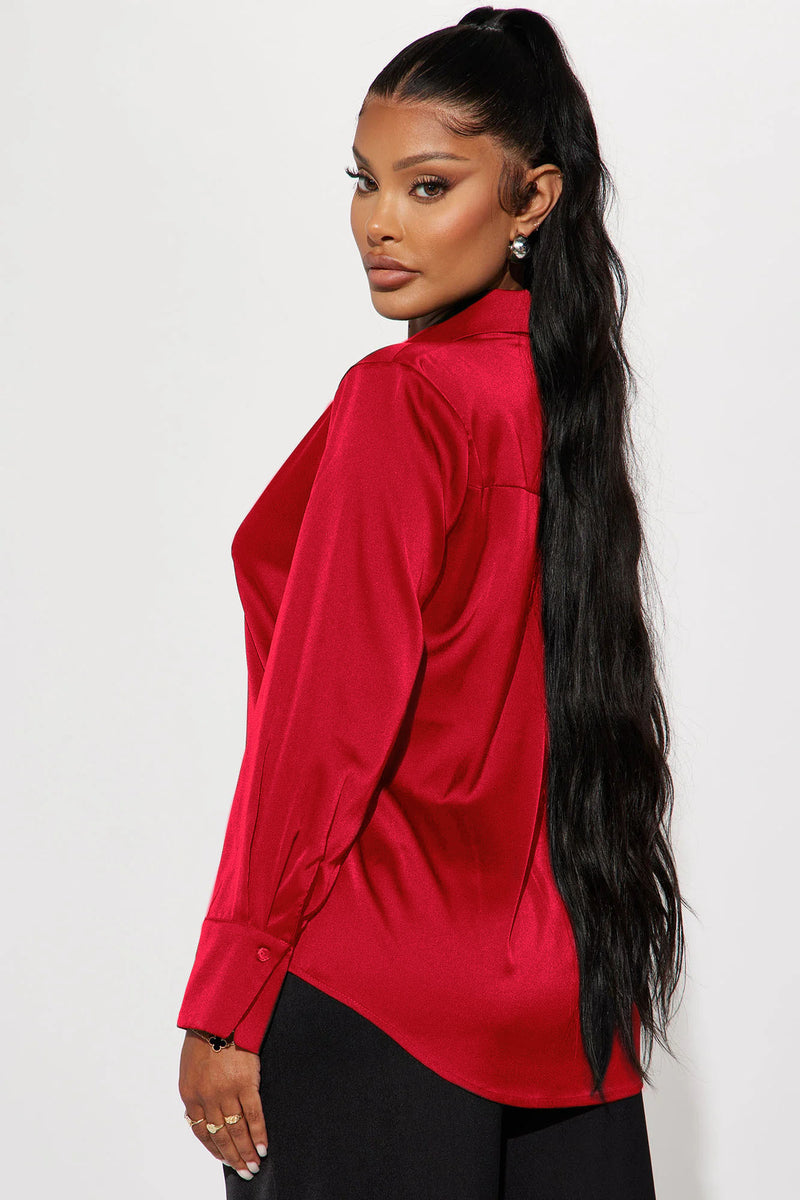 Feelin' Popular Satin Shirt Wine Fashion Nova, Shirts & Blouses