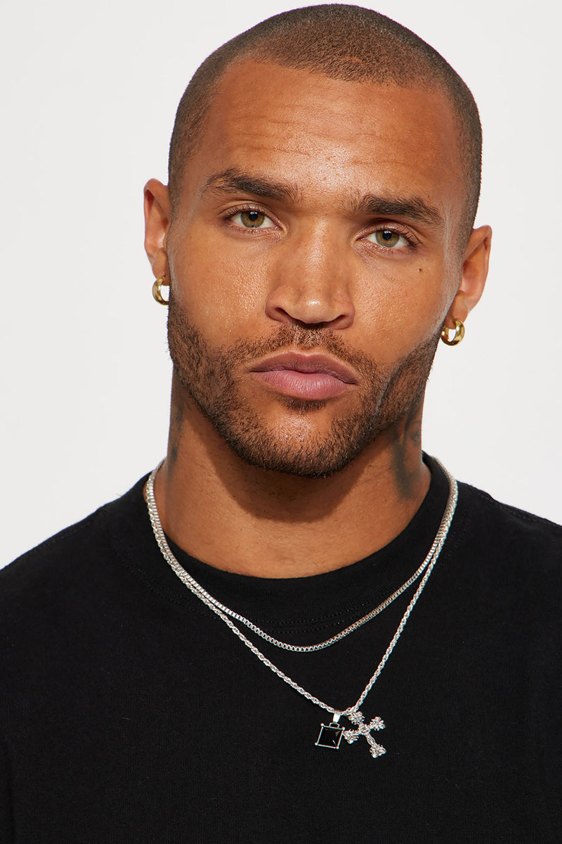 Cross And Black Stone Pendant 2 Piece Chain Necklace Silver Fashion