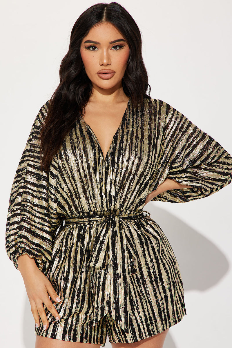 Wish You Would Metallic Romper Black Gold Fashion Nova