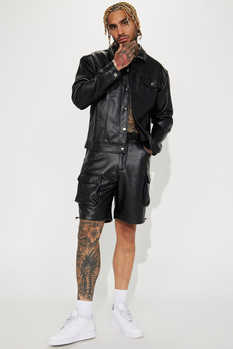 Stunttin On These Faux Leather Cargo Shorts Black