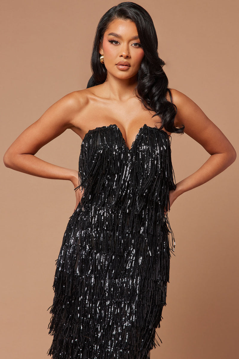Black fringe sequin store dress