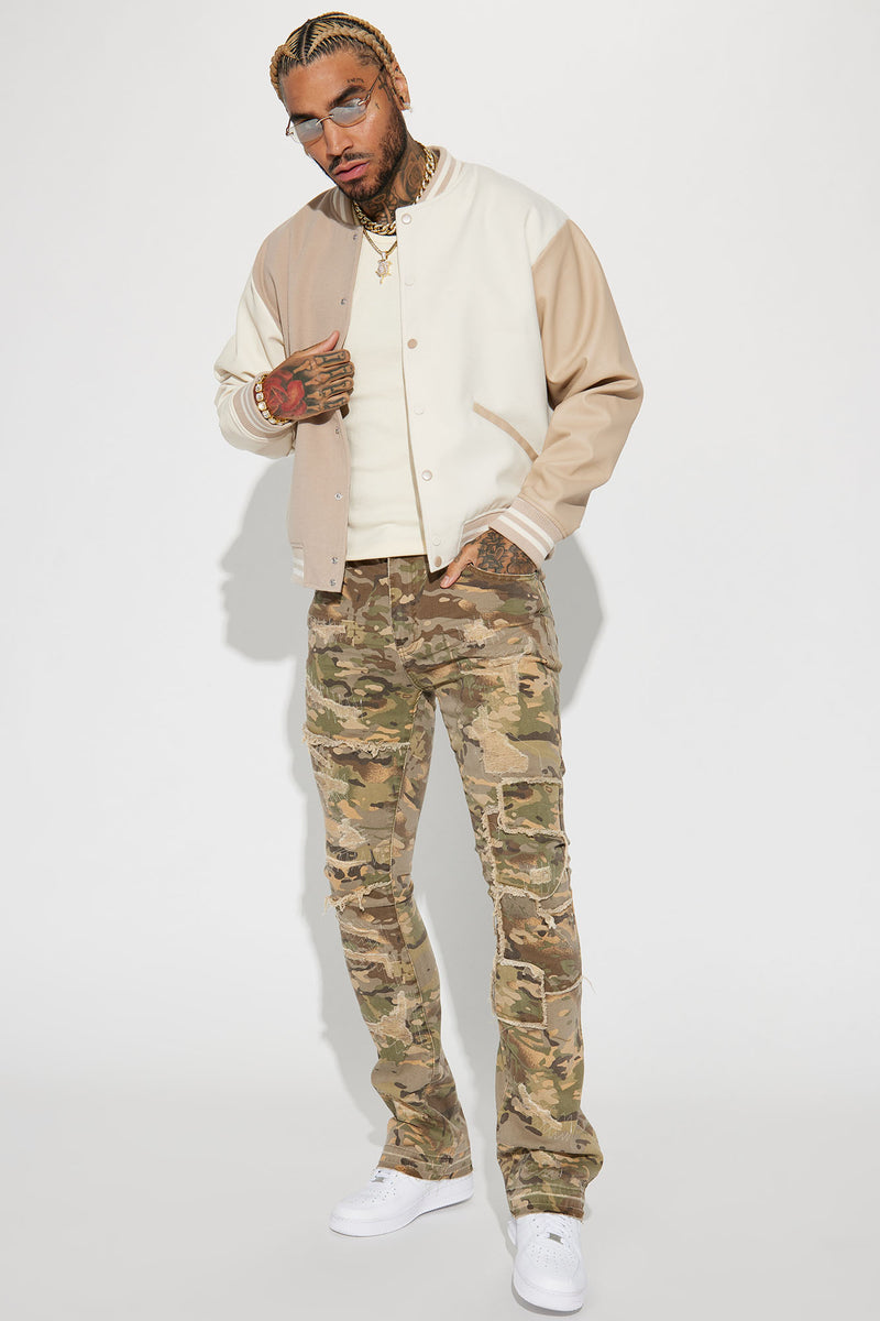 For The Books Faux Leather Sleeves Colorblock Varsity Jacket Tan