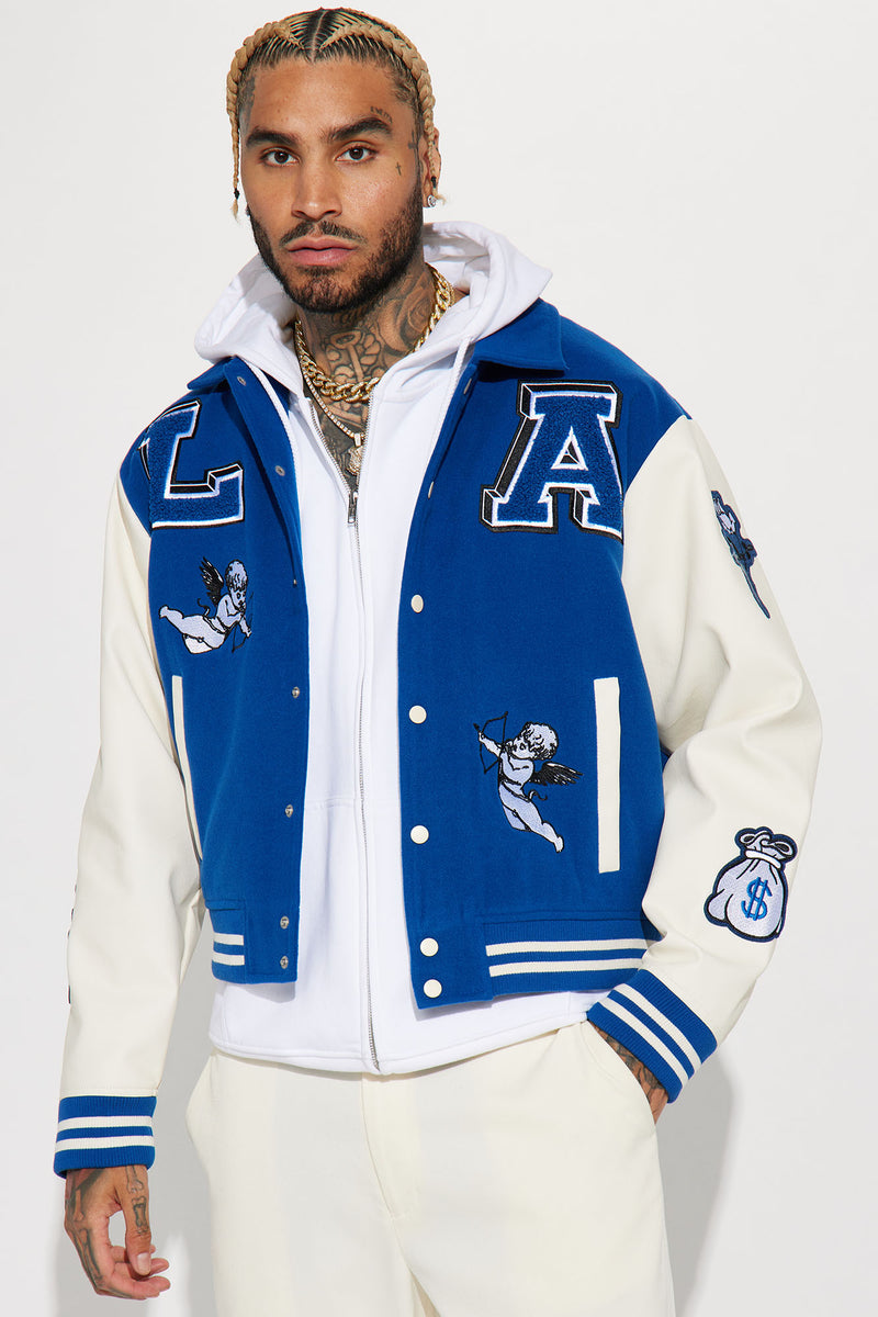 Light Blue & White Full Sleeves Men Leather Varsity Jacket, Medium