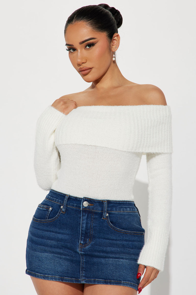 Fuzzy white off top the shoulder sweater