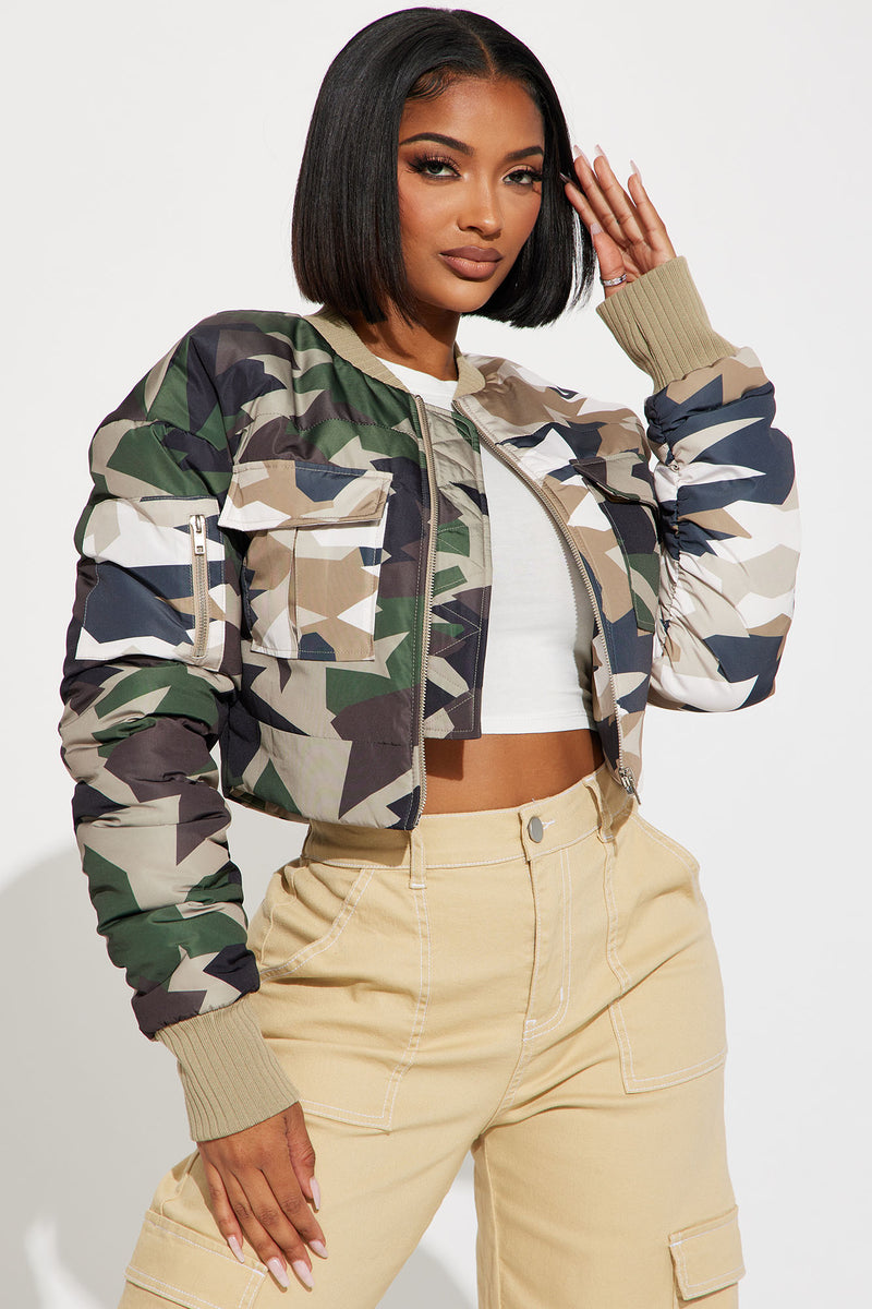 Kiara Abstract Camo Puffer Jacket Olive combo Fashion Nova