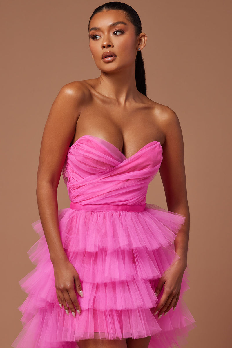 Strapless Satin Sweetheart Farrah Fringe Mini Dress in Pink, Size M, for Birthday or GNO/Date Night | Fashion Nova