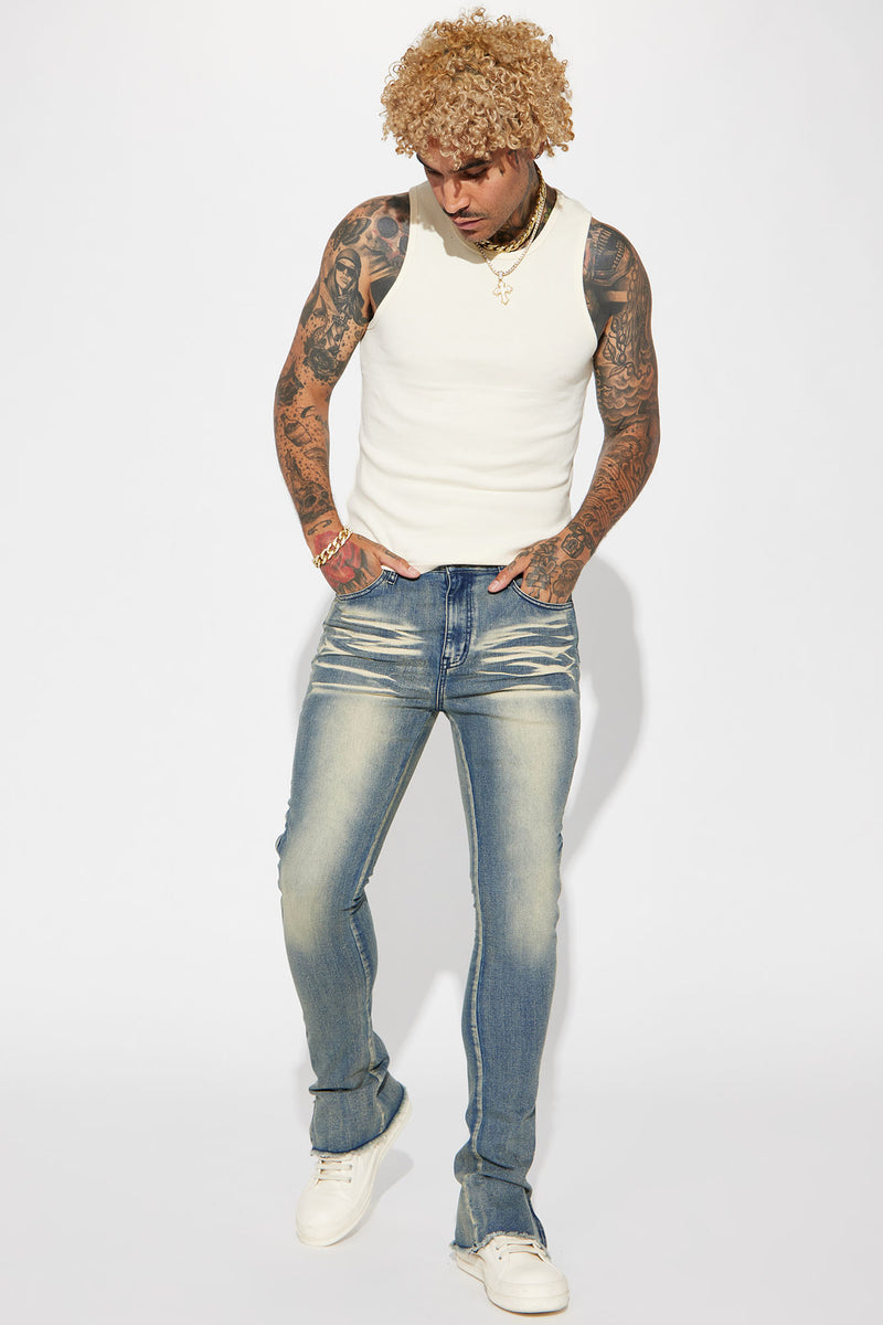 Along Side Zipper Stacked Skinny Flare Jeans Vintage Blue Wash