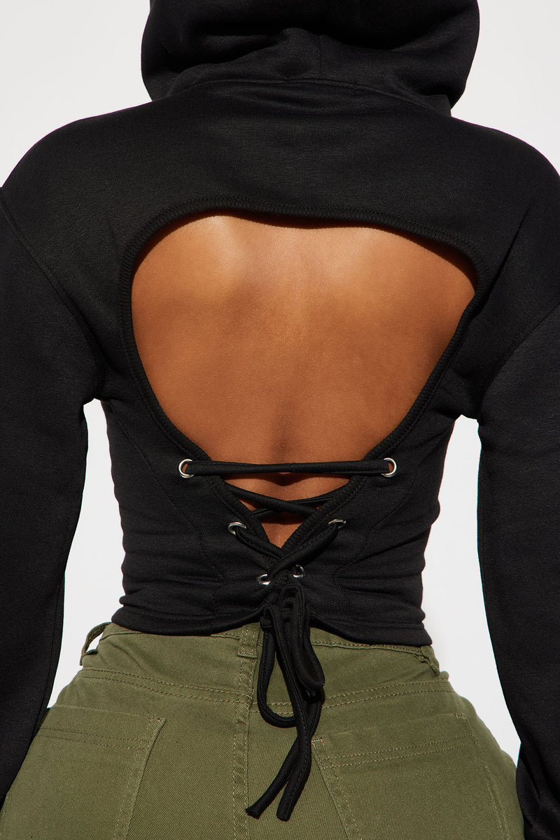 Lace up shop back crop hoodie